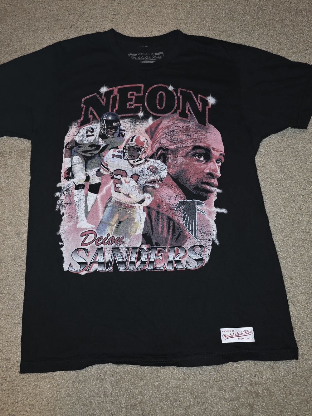 Mitchell & Ness Deion Sanders Neon Graphic Black Baseball T-Shirt Mens M Falcons